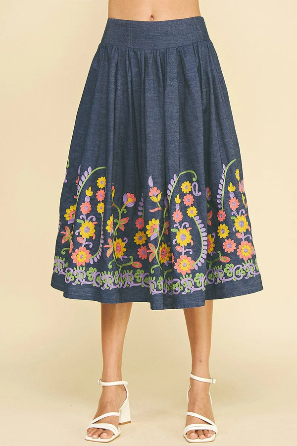 Flared Denim Skirt with Floral Embroidery