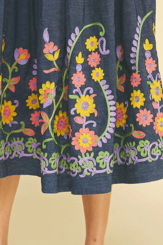Flared Denim Skirt with Floral Embroidery