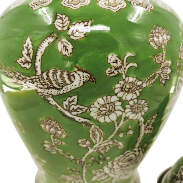 Green 18x9 in. Ceramic Novelty Bird and Flower Temple Jar