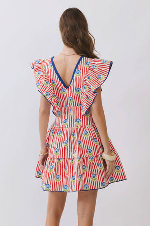 Stripe Floral Print Ruffle Mini Dress