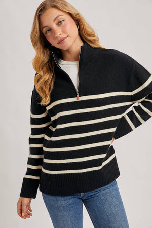 Black/White Quarter Zip UP Striped Pullover