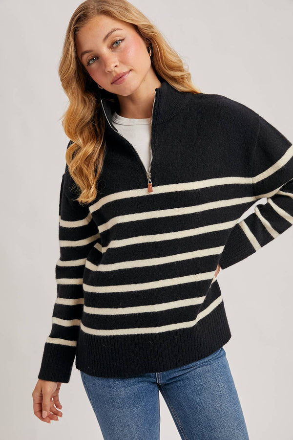 Black/White Quarter Zip UP Striped Pullover