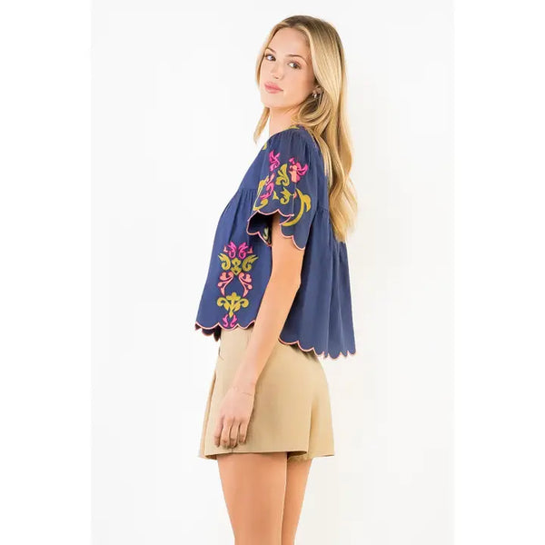Short Sleeve Embroidery Detail Top