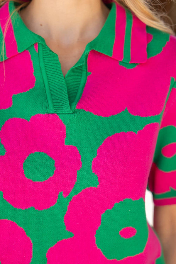 V-Collared Ribbed Floral Knit Top