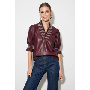 Smocking Ruffle Vegan Leather Blouse