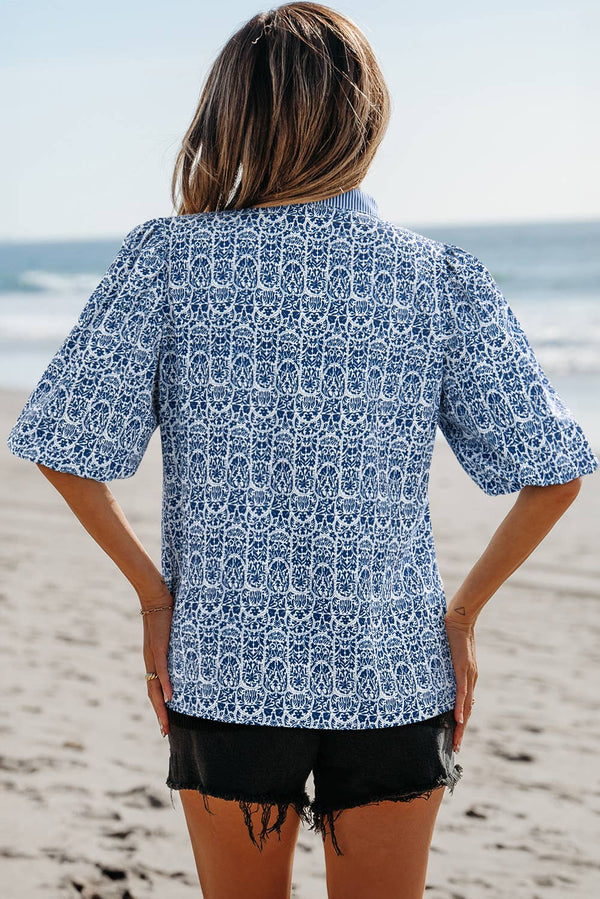 Floral Striped Ric-rac Puff Sleeve Top