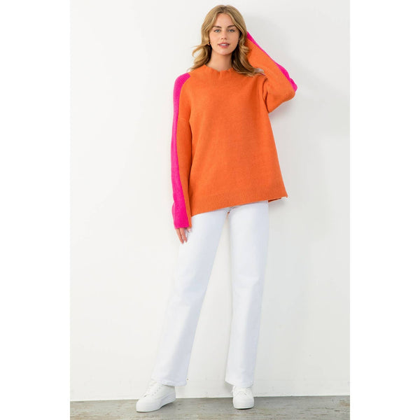 Orange/Hot Pink Colorblock Sleeve Sweater