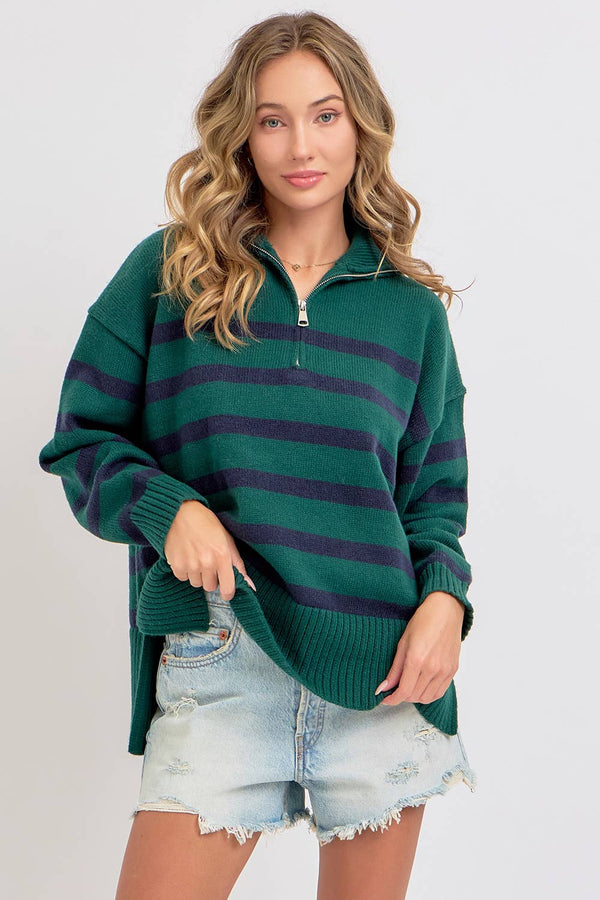 Stripe Knit Zip-Front Oversized Knit Sweater