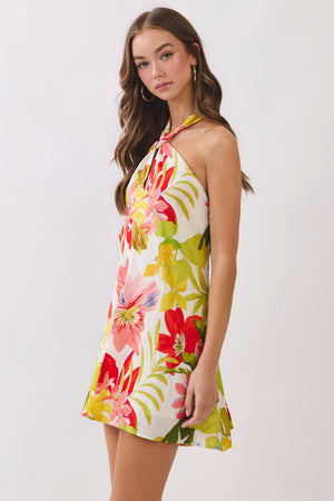 Tropical Floral Print Halter Mini Dress