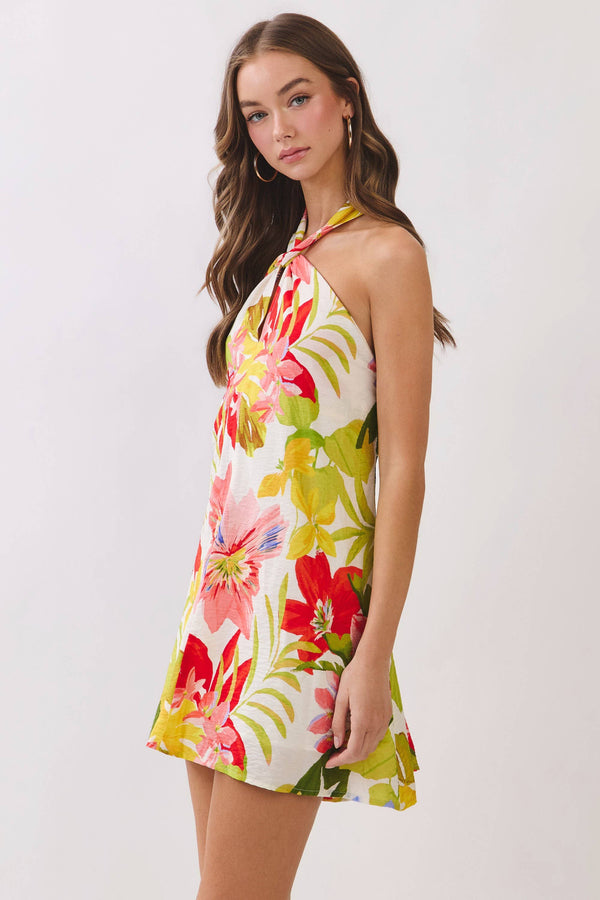 Tropical Floral Print Halter Mini Dress