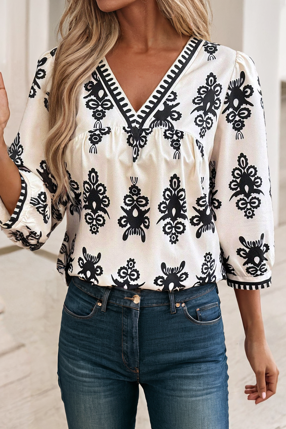 LDC Vintage Printed 3/4 Sleeve V Neck Blouse