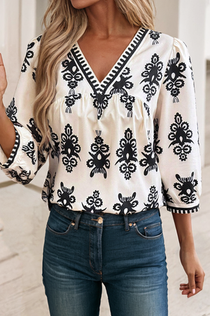 LDC Vintage Printed 3/4 Sleeve V Neck Blouse
