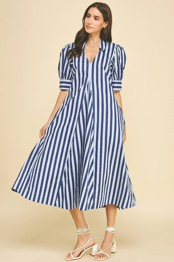 Striped V-neck Midi Dress - Pink/Lavender