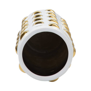 Vase - White/Gold Ceramic Raised Rectangular Stud, 11 in.
