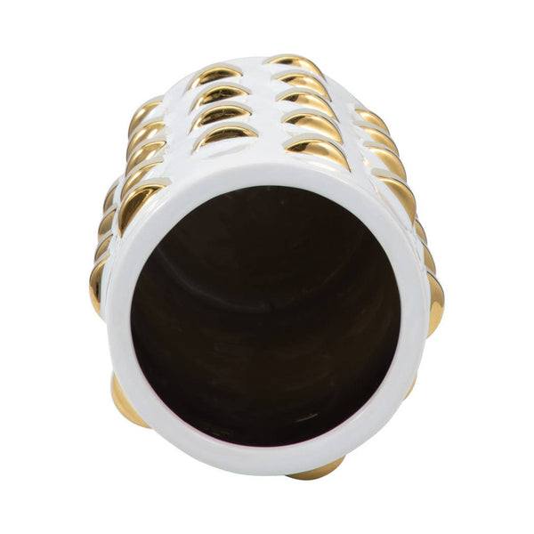 Vase - White/Gold Ceramic Raised Rectangular Stud, 11 in.