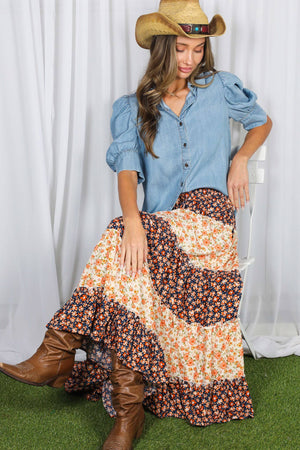 Collared Puff-Sleeve Chambray Denim