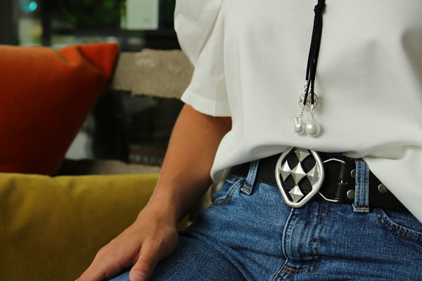 long suede and pearl shield necklace