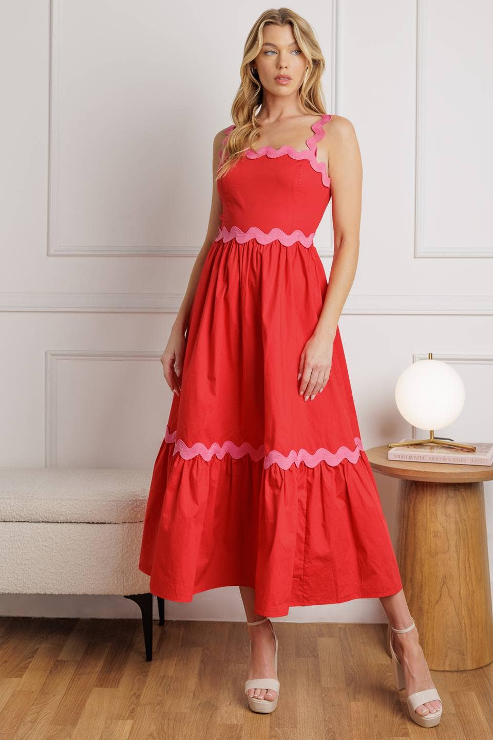 A solid woven midi dress - red/pink
