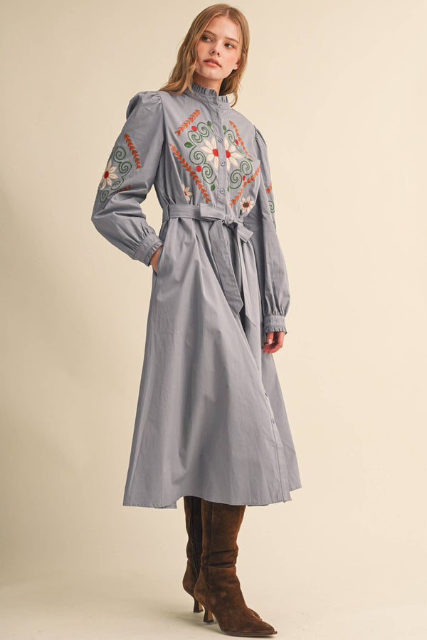 Floral Embroidery Button Up Dress