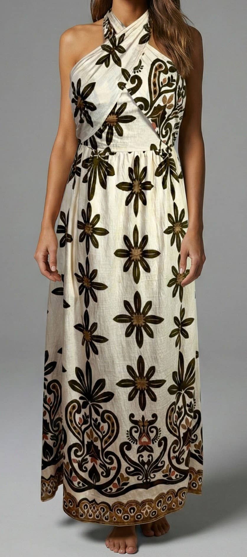 Olive Veil Halter Maxi Dress