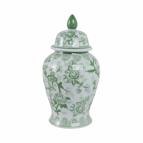Ceramic Bird Flower Decorative Temple Jar - Green, 18 in.