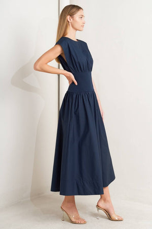 A Solid Woven Midi Dress - Navy
