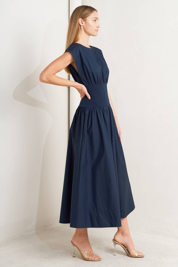 A Solid Woven Midi Dress - Navy