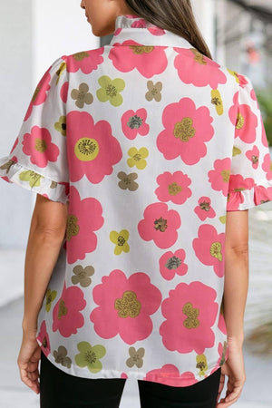 Sassy Floral Ruffle Striped Collar Summer Blouse