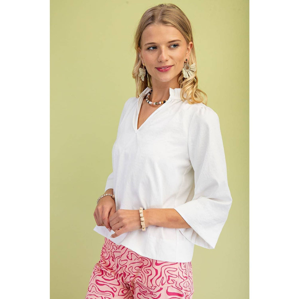 Wide Sleeves  Ruffled Neck Blouse