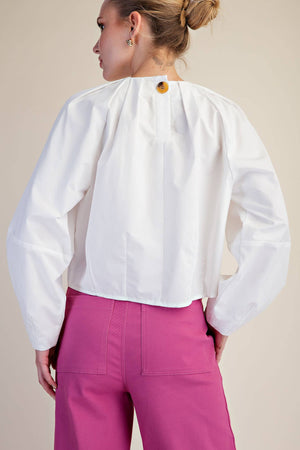 Balloon Poplin Shirt With Round Pleated Neck