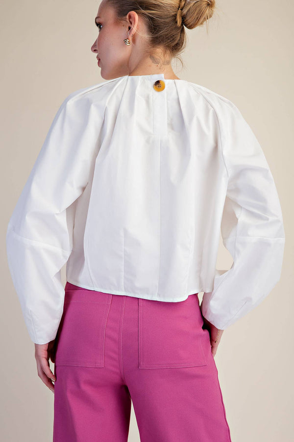 Balloon Poplin Shirt With Round Pleated Neck