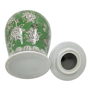 Green 18x9 in. Ceramic Novelty Bird and Flower Temple Jar