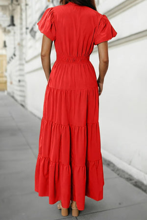 Solid V Neck Short Puff Sleeve Tiered Maxi Dress