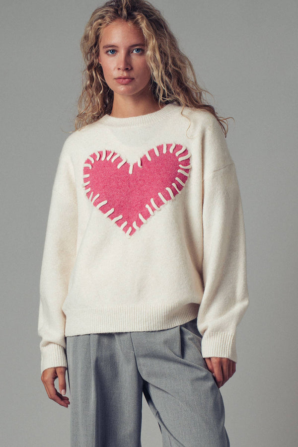 Heart Appliqué Knit Sweater