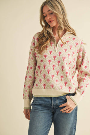 Floral Mock Neck Half Zip Pullover