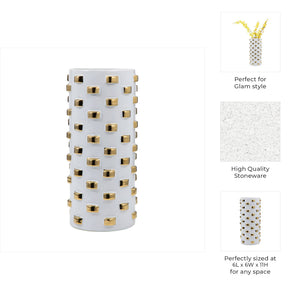 Vase - White/Gold Ceramic Raised Rectangular Stud, 11 in.