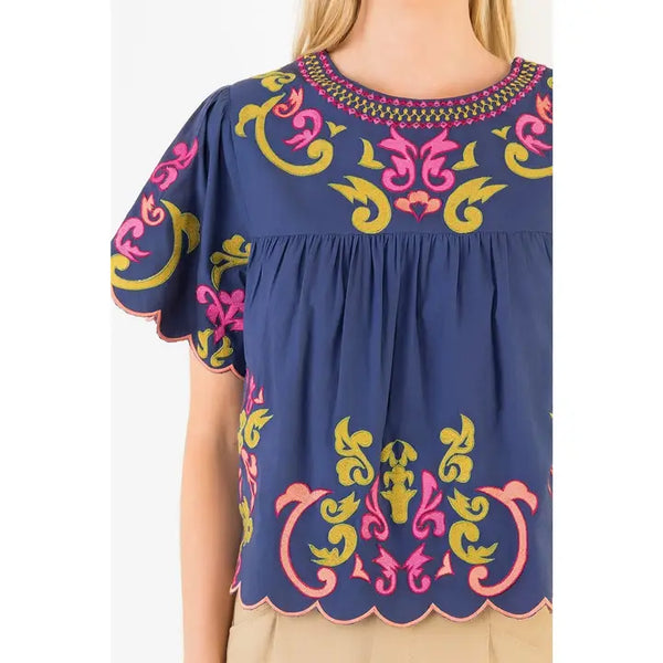 Short Sleeve Embroidery Detail Top