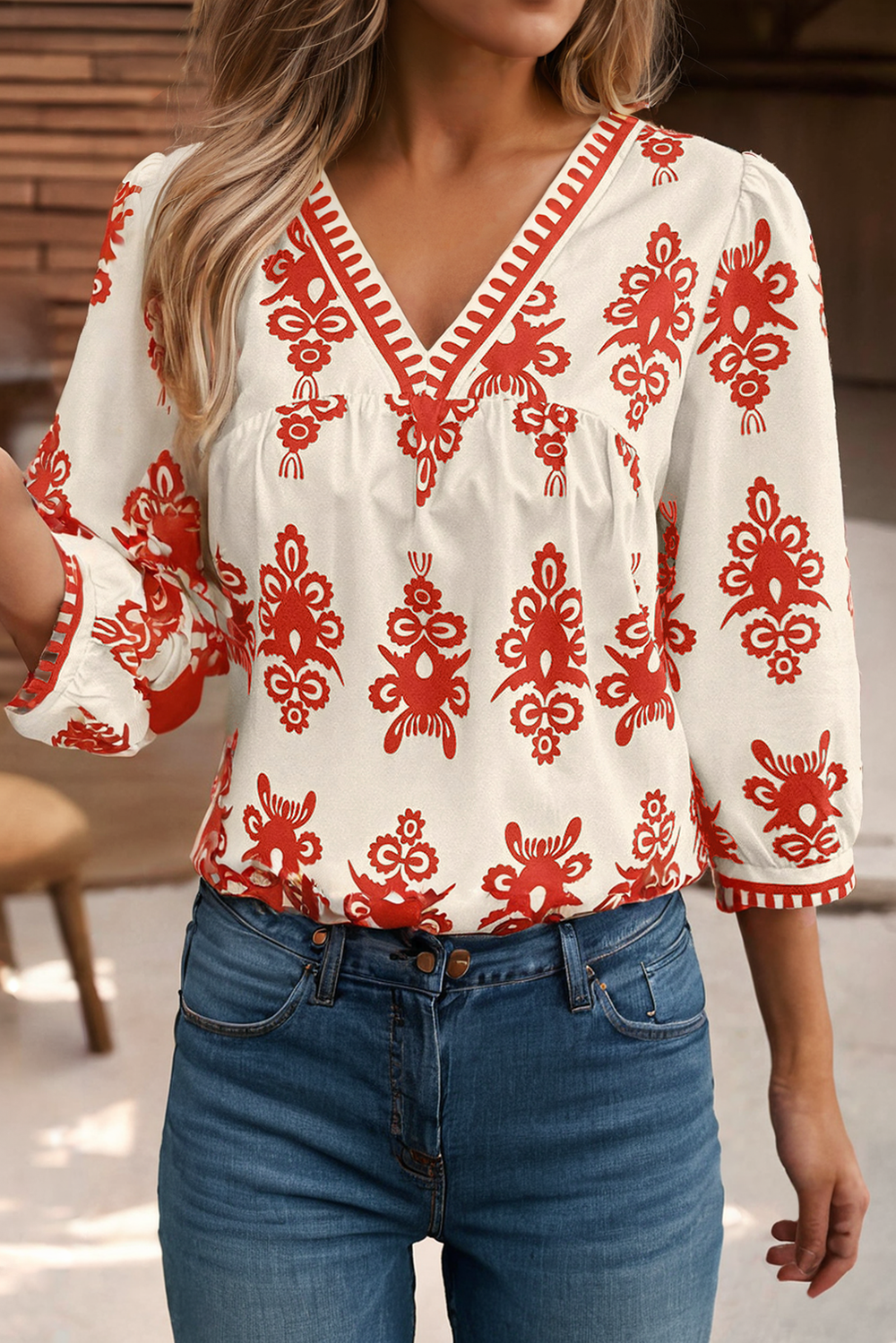 LDC Vintage Printed 3/4 Sleeve V Neck Blouse