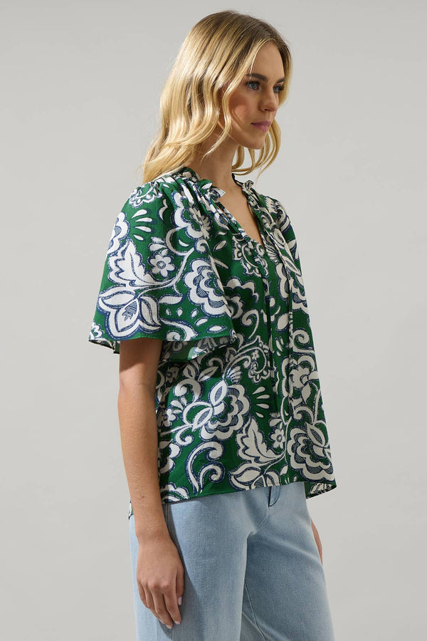 Harriet Floral Ruffle Split Neck Dupont Top