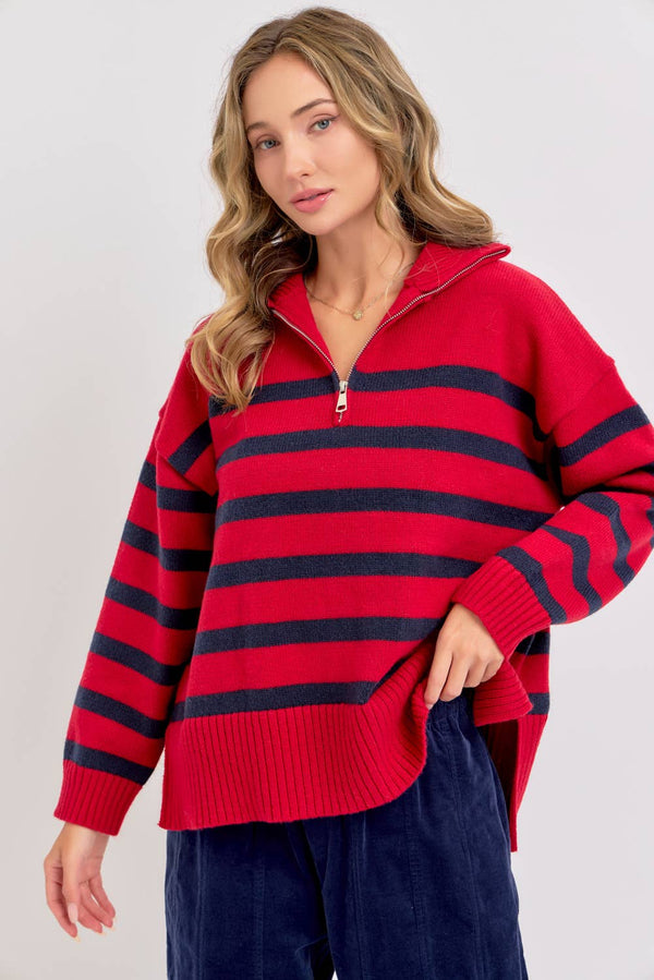 Stripe Knit Zip-Front Oversized Knit Sweater