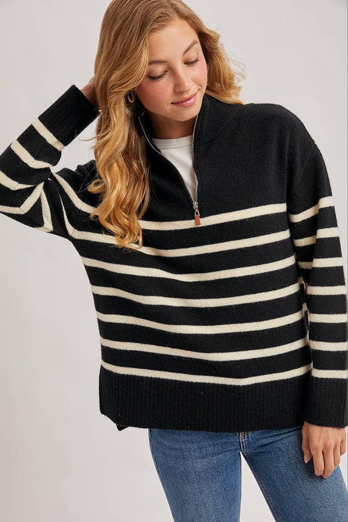 Black/White Quarter Zip UP Striped Pullover