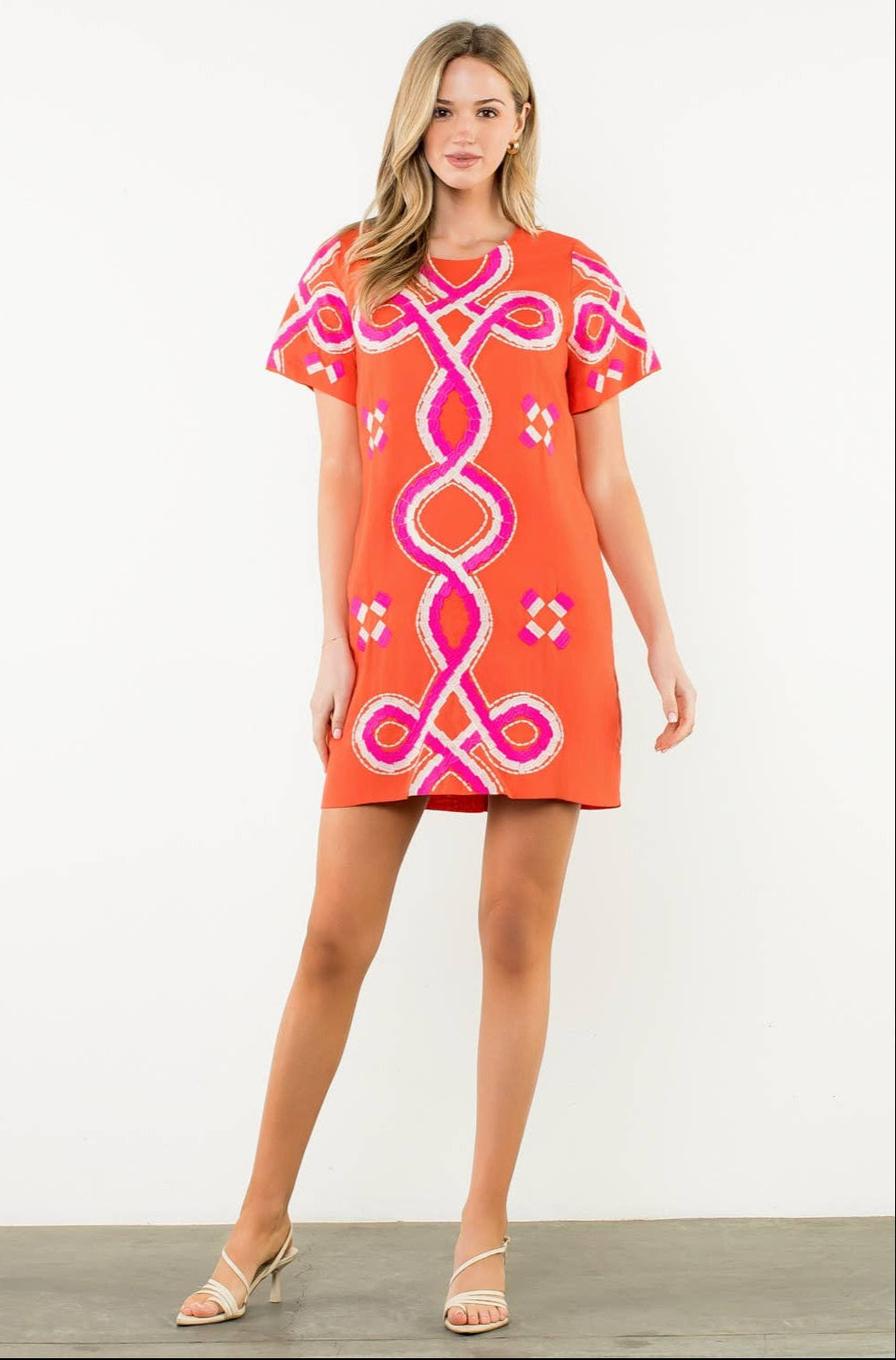 Embroidered Short Sleeve Mini Dress