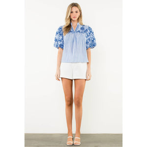 Puff Sleeve Striped Embroidered Top