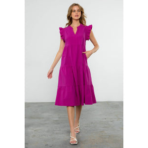Ruffle Sleeve Tiered Dress- Fuschia