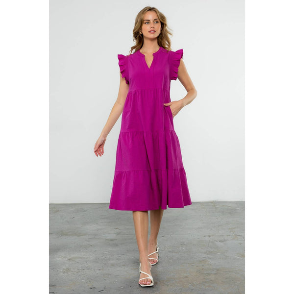 Ruffle Sleeve Tiered Dress- Fuschia