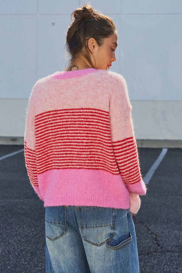 Striped Fuzzy Knit Volume Sleeve Cardigan
