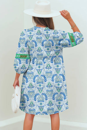 Boho Paisley Patchwork Detail 3/4 Sleeve Mini Dress