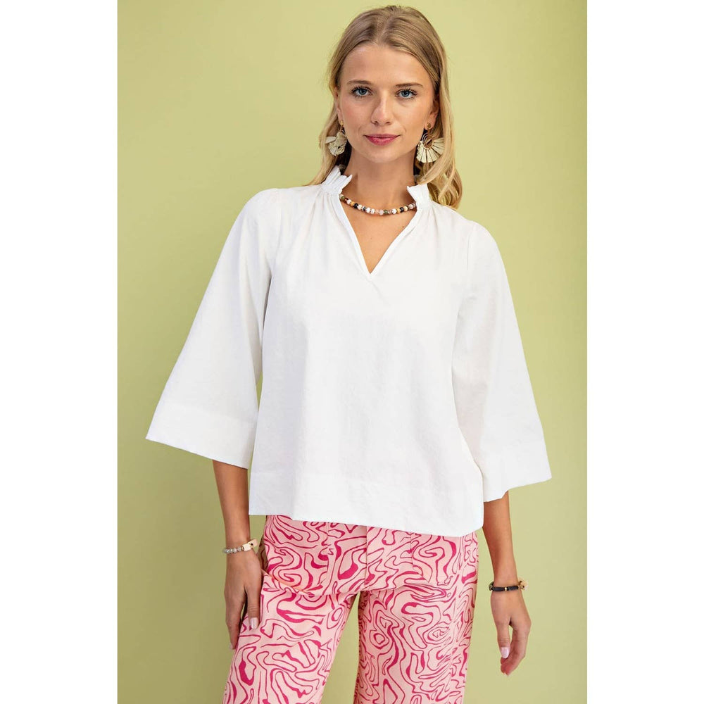 Wide Sleeves  Ruffled Neck Blouse