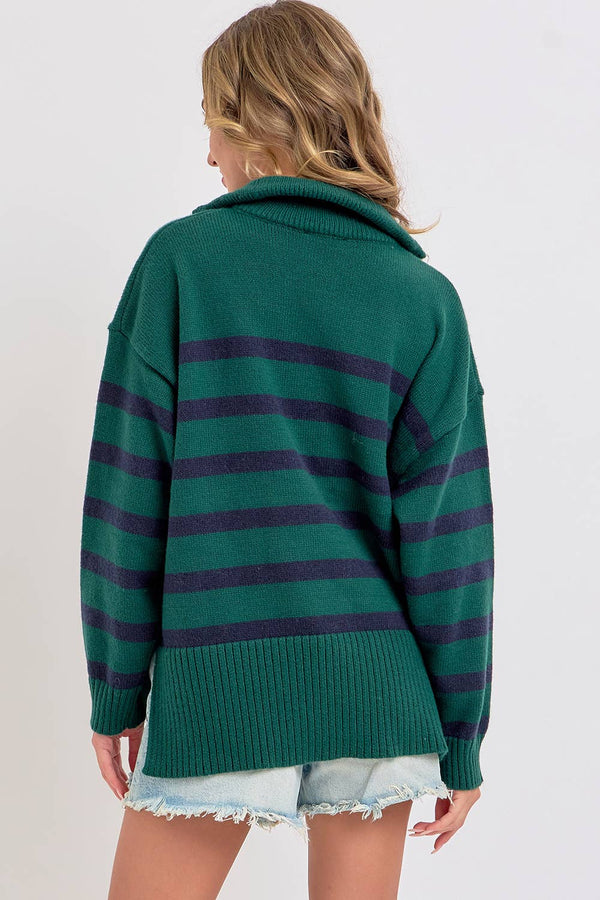 Stripe Knit Zip-Front Oversized Knit Sweater