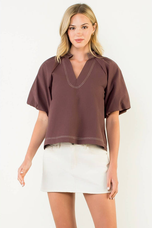 Contrast Stitch Puff Sleeve V-Neck Top